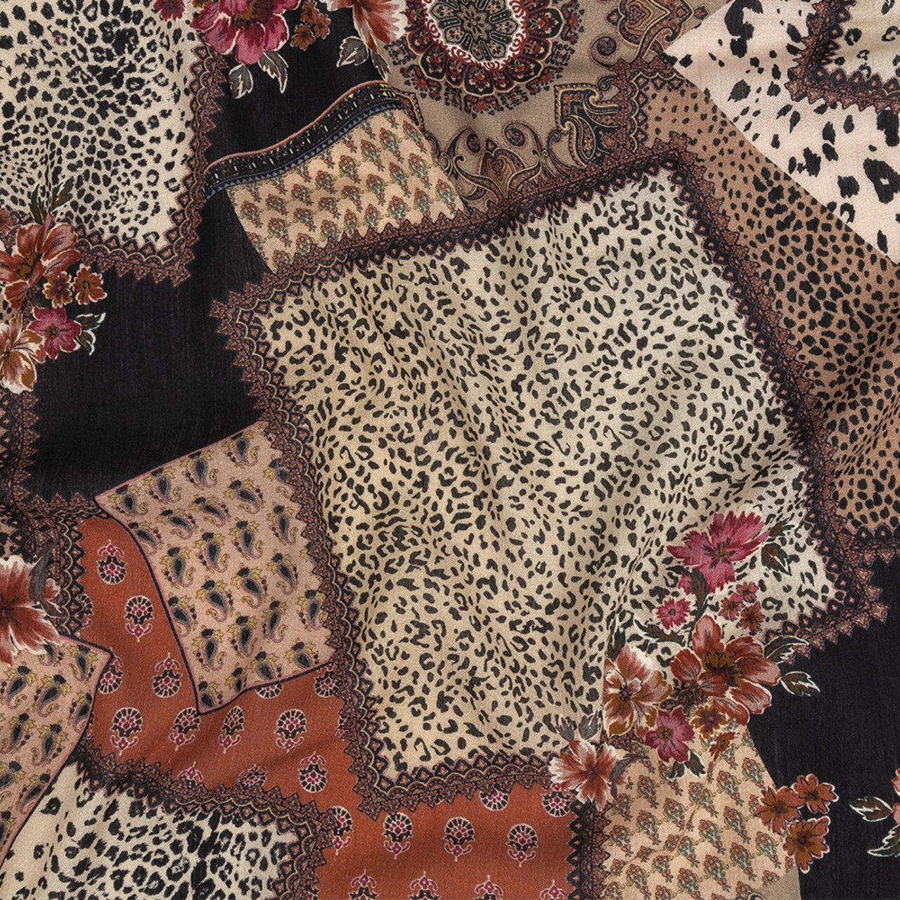 1 Yard Burnt Orange Animal Floral Patchwork Gauzy Wrinkled Rayon Woven Fabric 53 inch Width